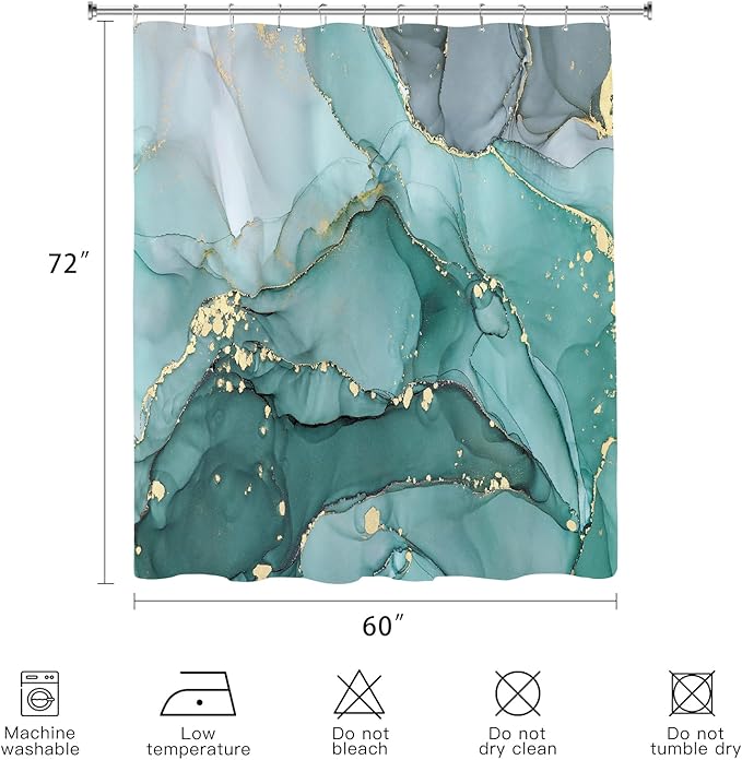 Turquoise Marble Shower Curtain 60x72, Teal Modern Abstract Fabric Shower Curtains for Bathroom, Luxury Art Ink Texture Watercolor Cloth Shower Curtain Set with Hooks