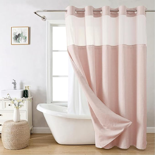 No Hooks Needed Linen Textured Shower Curtain with Snap-in Fabric Liner Set,Blush Hotel Luxury Decor Shower Curtains for Bathroom with Mesh Top Window,Waterproof & Washable,71Wx74H
