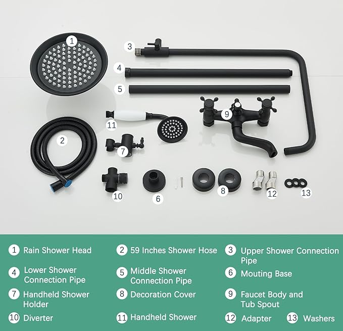 Shower System Matte Black Outdoor Shower Fixtures with 8 Inch Shower Head Handheld Spray and Tub Spout 2 Cross Handles Wall Mounted Shower Faucet Set for Bathroom or Backyard