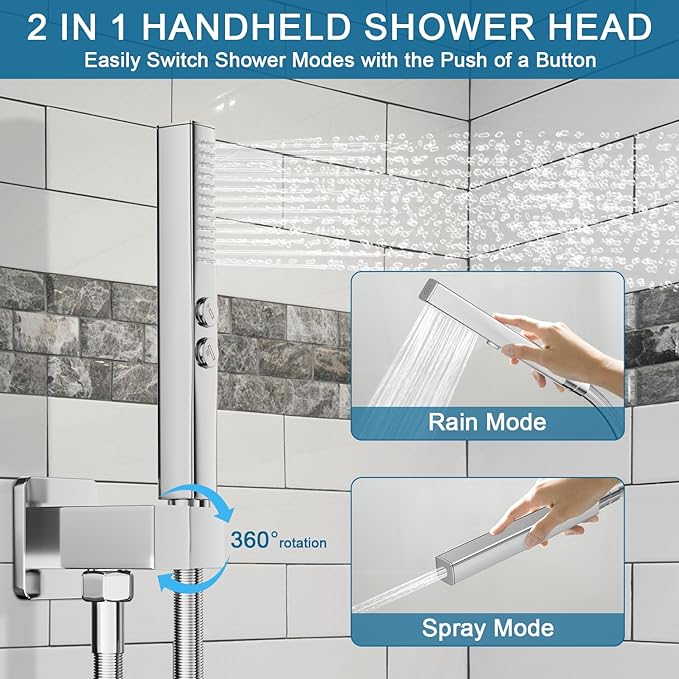 Shower Faucet Set Polished Chrome Shower System, Ceiling Mount 12 Inch Shower Head With Wall Mount 6 Inch Shower Head and 2 in 1 Handheld Spray, Push Button Diverter Shower Valve Trim Kit