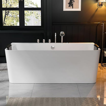 Empava 67 inch Whirlpool Bathtub, Acrylic Freestanding Tub Hydromassage Gracefully Rectangle Shaped Whirlpool 8 Water Jets Soaking SPA, Double-Ended Massage Bathtub with Black Pillows, White