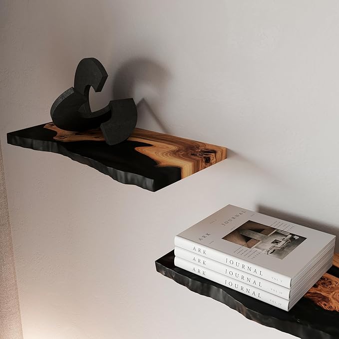RWA Live Edge Floating Shelf – Unique Wood Floating Shelf for Wall Decor, Living Room, Bedroom, or Bathroom – Stylish Decorative Wall Shelves for Home & Office (Live Edge, Black - 16x6)