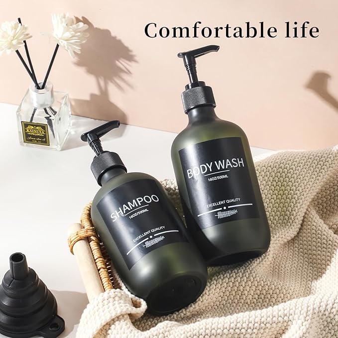 Plastic Refillable Shampoo and Conditioner Bottles with Pumps and Labels (5-Pack, Green)