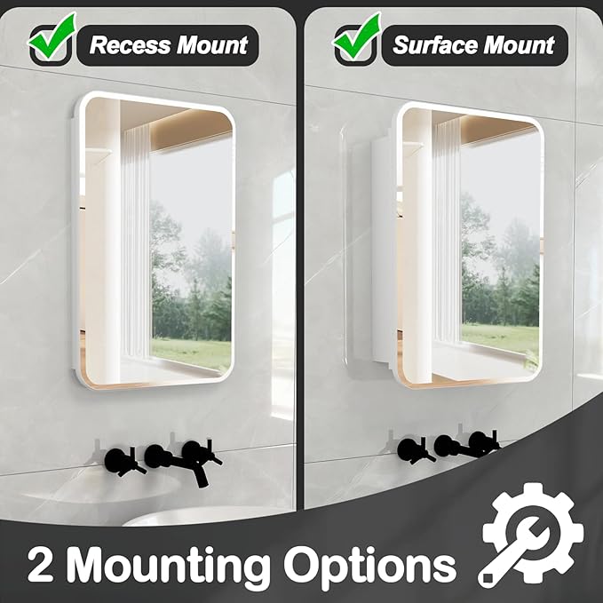 Rectangle Medicine Cabinet with Beveled Edge Mirror, No-Assembly Bathroom Wall Cabinet with Mirror, Adjustable Shelves, Tissue Slot, Recessed or Surface Mount (24" H x 16" W)