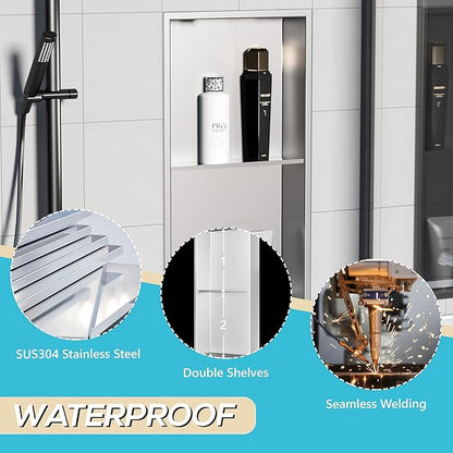 Stainless Steel Shower Niche 24" X 12", No Tile Needed Wall Niche Double Shelves, Recessed Niche Shower for Bathroom Storage, Brushed Nickel