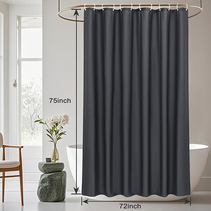 AooHome Hotel Fabric Shower Curtain Liner, Solid Bathroom Curtain with Hooks, Waterproof, Dark Grey, 72 Width x 75 Height Inch