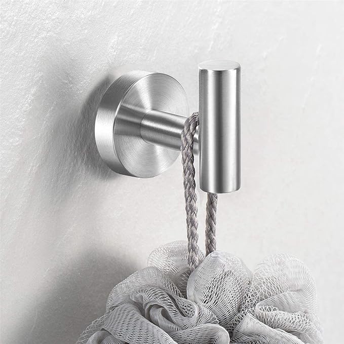 Vuzvuv 2-Pack Silver Brushed Nickel Towel Hooks, SUS304 Stainless Steel Waterproof Coat Robe Holder, Heavy Duty Wall-Mounted Hooks for Bathroom, Kitchen, Hotel (Drilling)