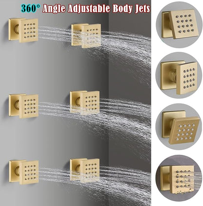 Brushed Gold Triple Shower Heads Shower System with 12"+8"+8" Top Shower Heads, Digital Display Shower Valve, Body Jets and Handheld Shower,Full Body Shower System