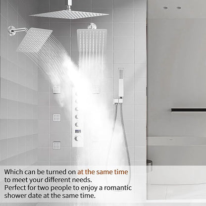 Triple Shower Head Shower System Chrome Full Body Shower System with Digital Display Shower Valve, 12"+8"+8" Three Top Shower Heads,Handheld Shower and Body Jets