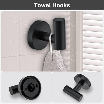 Matte Black Towel Bar Set 5 Pieces Bathroom Hardware Accessories Set Round Towel Holder Set for Bathroom Upgraded Toilet Paper Holder Stainless Steel Wall Mounted Towel Rack Set,23.6 Inch