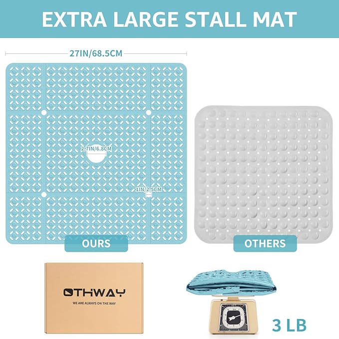 OTHWAY Square Shower Mat, 27"x 27" Extra Large Shower Mats for Inside Shower, TPE Anti Slip Shower mat with Suction Cups Drain Holes, Machine Washable Shower Floor Mat (Blue)
