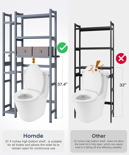 Homde Over The Toilet Storage with Basket and Drawer, Bamboo Bathroom Organizer with Adjustable Shelf & Waterproof Feet Pad, Space Saver Rack for Restroom, Laundry,Grey