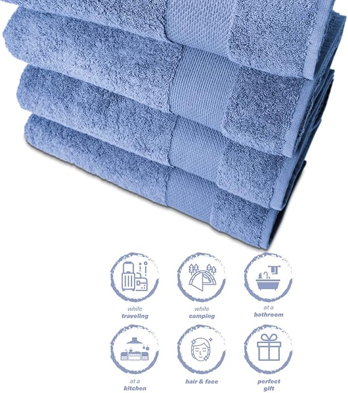 Hencely Premium Bath Towel Set of 4-28x58 Inches - High Absorbency, Quick Drying - 100% Soft Turkish Cotton Towels - Ideal for Home, Bathroom, Hotel, Spa, and Gym - Blue