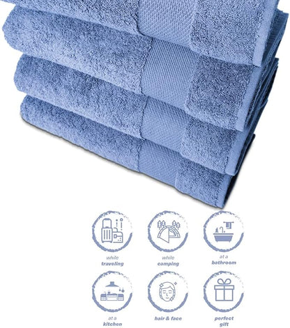 Hencely Premium Bath Towel Set of 4-28x58 Inches - High Absorbency, Quick Drying - 100% Soft Turkish Cotton Towels - Ideal for Home, Bathroom, Hotel, Spa, and Gym - Blue