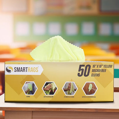 Arkwright Smart Rags in Box - (Pack of 50) Lint Free, Large Microfiber Cleaning Cloth, Scratch & Streak-Free, Dispensable Wash Towels for Cars, Kitchen, and Window Glass, Yellow