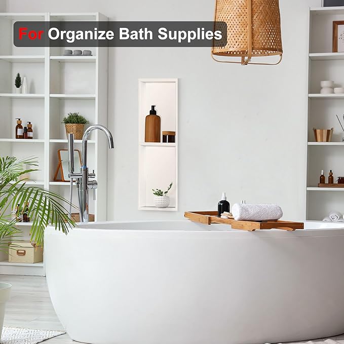 Shower Niche,8 * 24 Stainless Steel Elegant Bathroom Niche, No Tile Needed Recessed Shower Shelf Organizer for Storage,Warm White