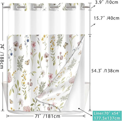 No Hook Shower Curtain Set with Snap in Fabric Liner for Bathroom,with See Through Top Window,Double Shower Curtain with Detachable Liner Replacement,Machine Washable,Floral,71x74inch
