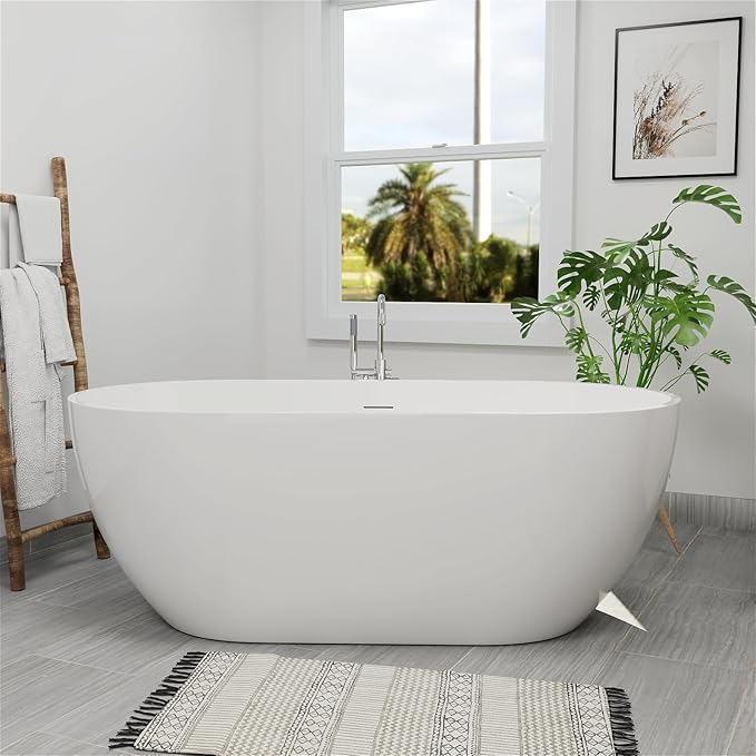 65" Acrylic Freestanding Bathtub, Double Ended Free Standing Tub, Soaking Tub with Integrated Slotted Overflow, Toe-Tap Chrome Drain, cUPC Certified, Glossy White