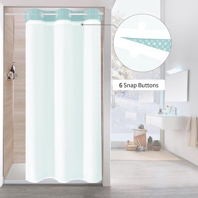 MitoVilla Teal Waffle Small Stall Shower Curtain Liner Set 36 x 74, No Hooks Required Half Size Narrow Fabric Cloth Shower Curtain Set with Snap-in Liner for Modern Bathroom Decor, Teal/Turquoise/Aqua