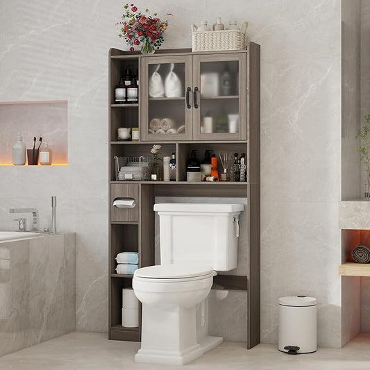 Vabches Over The Toilet Storage Cabinet, Farmhouse Storage Cabinet Over Toilet with Acrylic Doors，Home Space-Saving Toilet Rack, for Bathroom, Restroom, Laundry(Grey