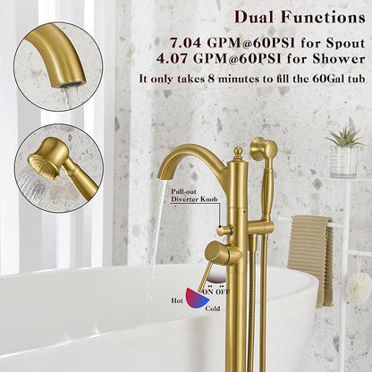 Free Standing Tub Faucet, Brushed Gold Classic Freestanding Bathtub Faucet with Vintage Hand Shower Brass High Flow Rate Floor Mount Tub Filler Swivel Spout Roman Tub Faucet Set (WT-9002BG)