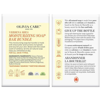 Olivia Care Moisturizing Bar Soap Pack by 100% Natural & Organic Infused with Verbena, Shea Butter & Turmeric Deep Clean, Refreshing, Moisturizing & Hydrating Verbena Shea (Pack of 3)