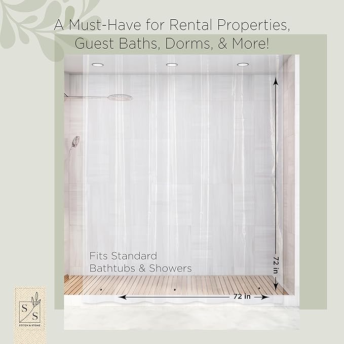 Stitch & Stone Shower Curtain Liner, Premium Medium Weight Durable Waterproof 6g PEVA for Bathroom with Weighted Magnets, Standard Size 72" x 72", Clear 1 Pack