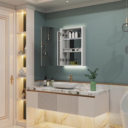 WELLFOR 24" x 30" LED Mirrored Bathroom Cabinet, Mirror Medicine Cabinet with Lights, Defogging LED Mirror Cabinet with Outlets & USB Ports, Surface Mounted, Left Opening Door, Hardwired Connected