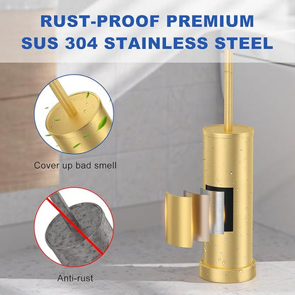 Toilet Brush and Holder Set: 304 Stainless Steel Brushed Gold Toilet Bowl Brush and Holder with Removable Inner Bowl and Splash Protection, Heavy Duty Long Handle Bathroom Cleaning Tool