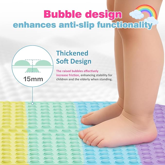 Push Pop Bubble Bath Mat for Kids,Rainbow Large Non-Slip Silicone Tub Mat with Strong Suction Cups for Toddler,33x17.3 Inch Waterproof Shower Mat for Bathtub, Sensory Bath Pad with Drain Holes