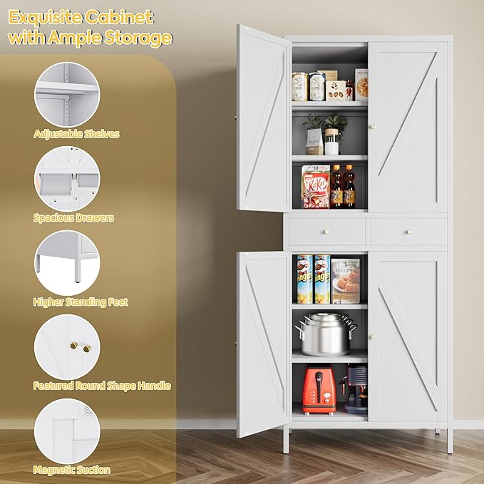 Freestanding Display Storage Cabinet with 4 Doors,Metal Kitchen Pantry Storage Cabinet with Adjustable Shelf for Kitchen Home Office, Assembly Required,White