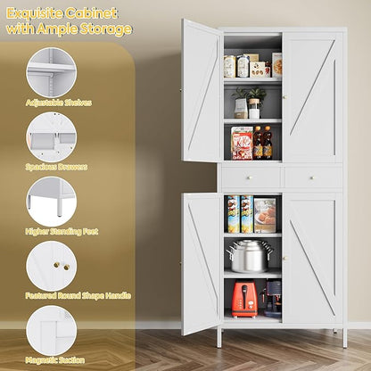 Freestanding Display Storage Cabinet with 4 Doors,Metal Kitchen Pantry Storage Cabinet with Adjustable Shelf for Kitchen Home Office, Assembly Required,White