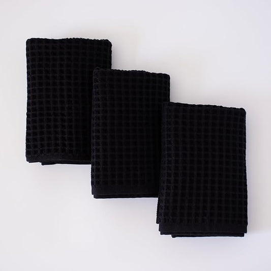 PÜSKÜL Organic Waffle Hand & Kitchen Towel 100% Turkish Cotton Set of 3 Black - Premium Quality, Soft, Quick-Dry, Absorbent, Lint-Free Waffle Weave Towels (3, Black)