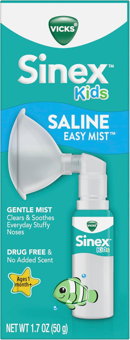 Vicks Sinex Kids Saline Easy Mist Refill, Drug Free Saline, Ages 1 Month+, Gently Clears and Soothes Everyday Stuffy Noses, Safe for Daily Use, 1.7 OZ
