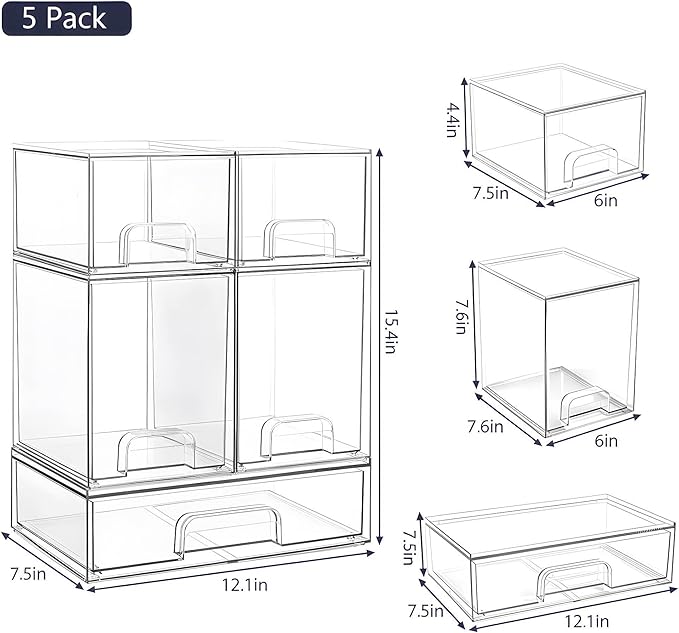 Stackable Storage Drawers Set of 5 Pack, Clear Bottles Organizer for Baby Bottle, Cosmetics, Acrylic Organizers and Storage for Bathroom,Vanity, Pantry, Cabinet, Kichen Countertop
