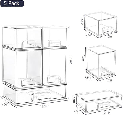 Stackable Storage Drawers Set of 5 Pack, Clear Bottles Organizer for Baby Bottle, Cosmetics, Acrylic Organizers and Storage for Bathroom,Vanity, Pantry, Cabinet, Kichen Countertop