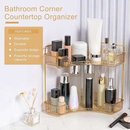Corner Bathroom Countertop Organizer, Vanity Organizer Trays for Counter, Makeup Organizers, Perfume Tray, Skincare Shelf Storage Gifts for Women Girl Student (Yellow, 2 Tiers)