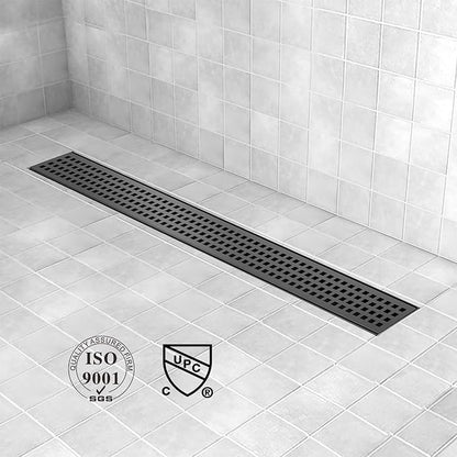 Offset Linear Shower Drain, Matte Black Shower Drain 32 inch with Removable Grate Cover, Brushed 304 Stainless Steel Side Outlet Black Shower Floor Drain with Hair Catcher and Leveling Feet