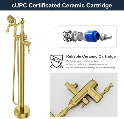 Brushed Gold Bathtub Faucet Freestanding Tub Filler High Pressure Single Handle Bathtub Filler Floor Mounted Brass Bathroom Tub Faucets with Handheld Shower