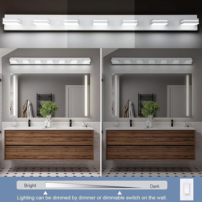 SineRise LED Modern Bathroom Vanity Light Fixtures (7-Light, 55-Inch, Dimmable), Matte White Modern Acrylic Bathroom Wall Lighting Fixtures Over Mirror (Cool White 6000K)
