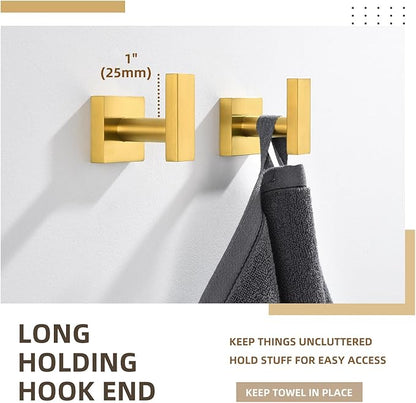 Angle Simple Towel Hooks for Bathroom, SUS 304 Stainless Steel Square Robe Coat Wall Hooks, Hand Towel Holder, Brassy Gold, 2 Pack