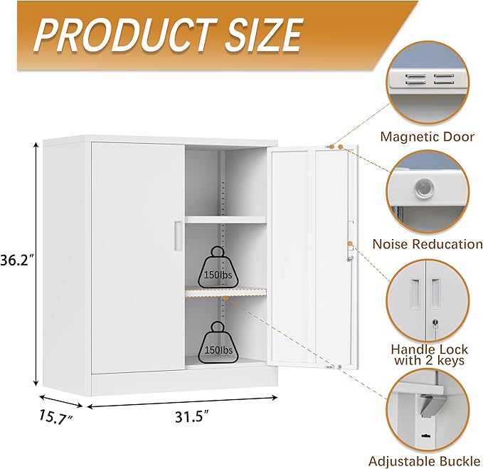 Metal Storage Cabinet, 36 Inch Tall Metal Storage Cabinet with Doors and Shelves, Pantry Cabinets for Kitchen Storage, Garage Cabinet for Living, Dining Room, Assemble Required.