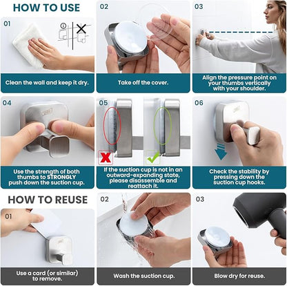 TAILI Thickened 304 Stainless Steel Bathroom Suction Hook for Towel, Loofah, Bathrobe, Patented Strong Suction Cup Holder, Damage-free Hanging Glass Shower Wall Hook, Hold Up to 11 Lbs, 2 Pack, Silver