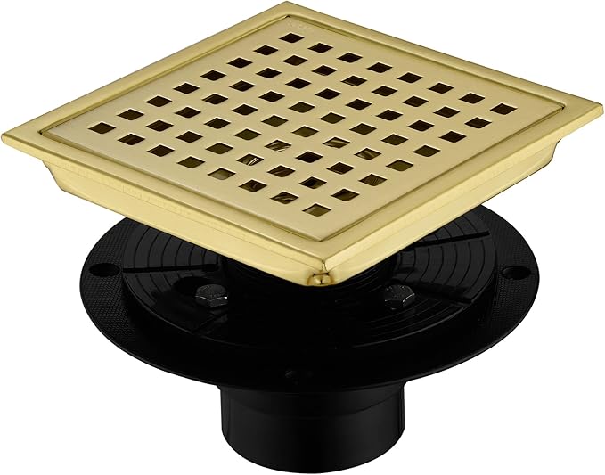 6 Inch Square Shower Drain with Adjustable Shower Drain Base Flange, SUS 304 Stainless Steel Floor Drain with Removable Cover Grid Grate, Brushed Gold Brass Finished