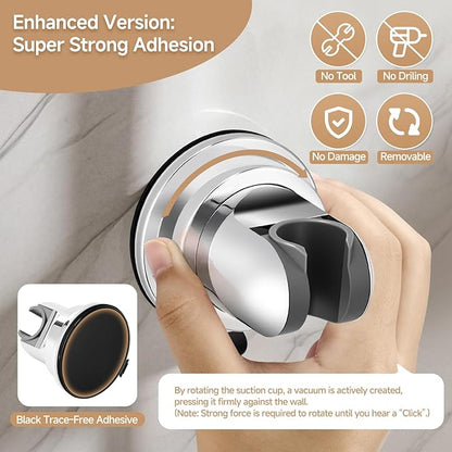 Shower Head Holder, Removable Shower Head Holder Suction for Hanheld Shower Head No Drill Wall Mount Holder Chrome Universal 360° Adjustable Suction Holder