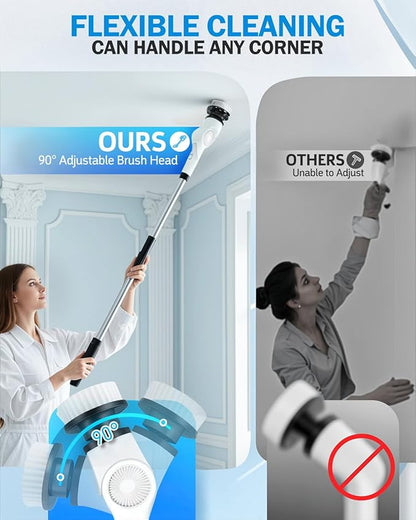 Electric Spin Scrubber, 3-Speed Cordless Shower Scrubber with 90° Adjustable & 10 Replaceable Brush Heads, 90 Mins Runtime & Full-Body IPX7 Waterproof Shower Cleaner Brush with Long Handle