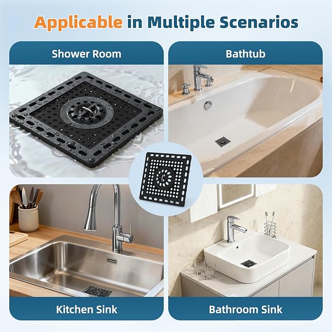 Hibbent Upgraded Shower Drain Hair Catcher, Shower Drain Cover for Bathroom Floor 4" Drain, Anti-Clogging Bathtub Drain Strainer, Stainless Steel Kitchen Sink Drain Strainer with Handle, Matte Black