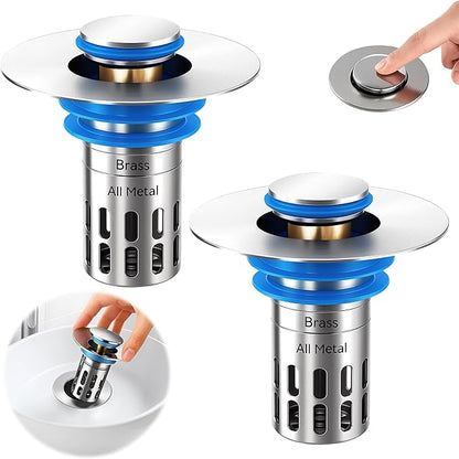 Universal Bathroom Sink Stopper Replacement,Pop Up Sink Drain Strainer Hair Catcher,Silent Copper Popper Core/Cover,Stainless Steel Filter Basket Fit 1.05~2.0'' (Silver Polished, 2 Pack)