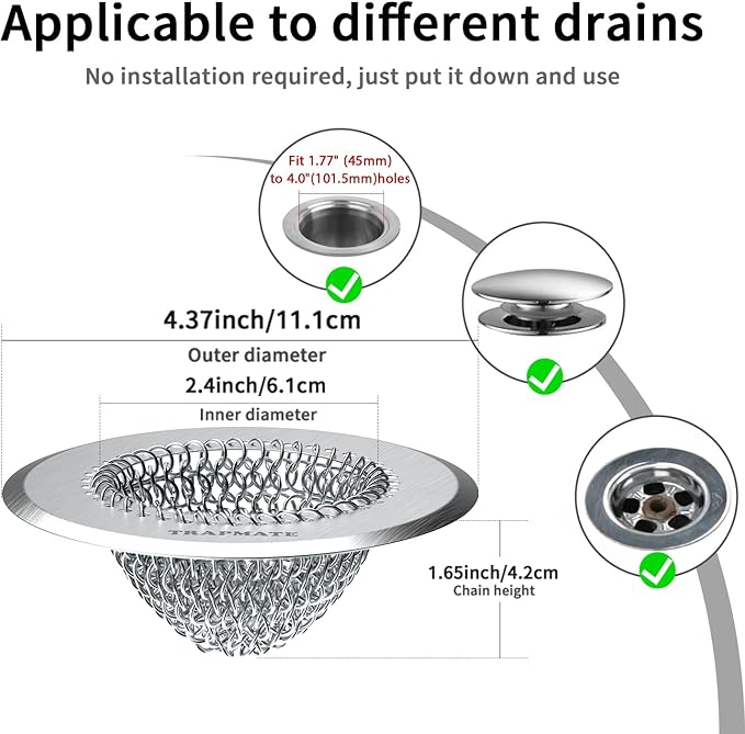 TRAPMATE Shower Drain Hair Catcher, 4.4" Easy Clean Bathtub Drain Hair Catcher, Anti-Slip Bath Tub Drain Protector, Upgraded 304 Stainless Steel Shower Sink Drain Cover for Bathroom (Patented Product)