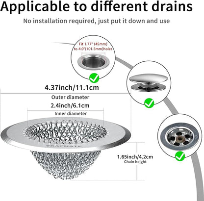 TRAPMATE Shower Drain Hair Catcher, 4.4" Easy Clean Bathtub Drain Hair Catcher, Anti-Slip Bath Tub Drain Protector, Upgraded 304 Stainless Steel Shower Sink Drain Cover for Bathroom (Patented Product)